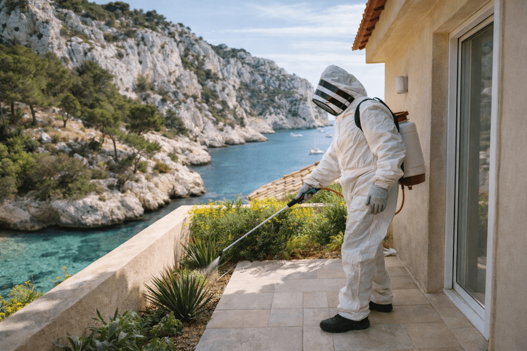 Technicien extermination nuisibles en intervention dans une maison du sud de la France Bouches du Rhône Var Alpes Maritimes